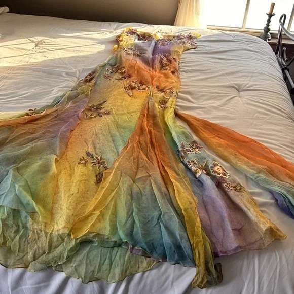 Vintage 100% Silk Dress Vintage Cache Rainbow Dress Prom Vintage Beaded Dress - Picture 6 of 17